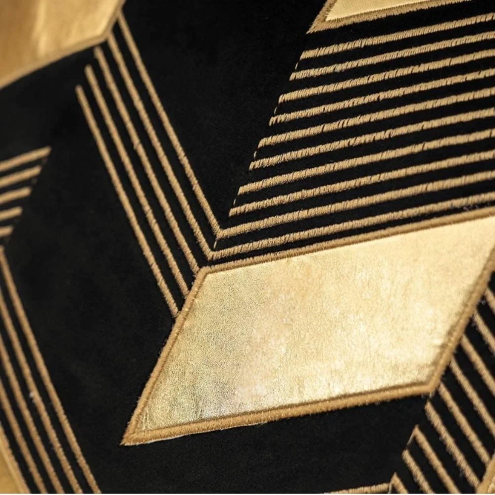 Luxury Home | Black & Gold Soft Velvet Faux Leather Geo Lumbar Pillow Cover